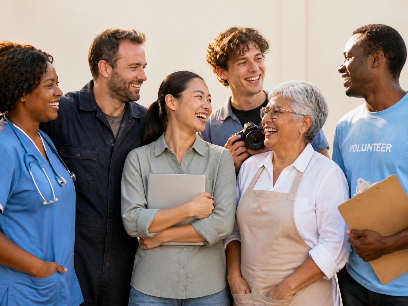 A candid group of people from different professions smiling together